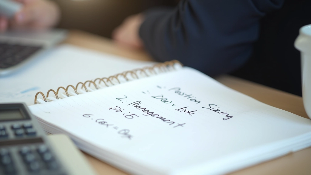 Notebook with handwritten risk management calculations, position sizing formulas, and trading journal notes