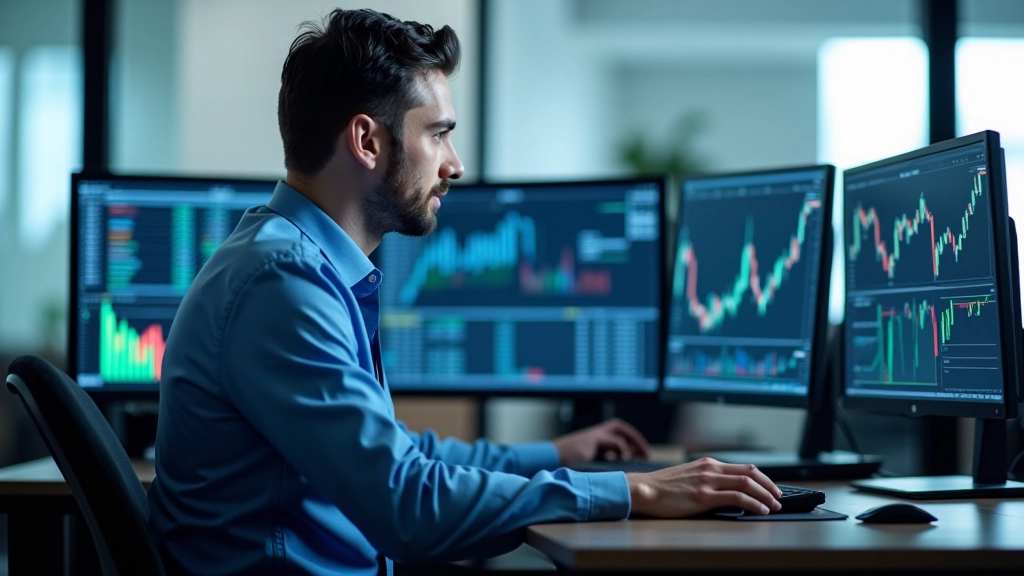 Trader at desk with multiple screens showing price charts and position sizing calculations in trading platform interface