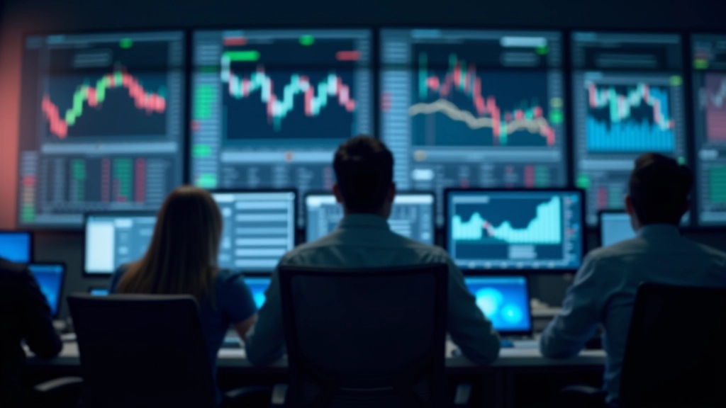 Financial market trading floor with multiple screens displaying charts and data